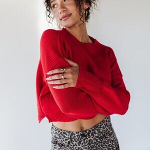 Red Cropped Knit Sweater Boxy Slouchy Crewneck Pullover NWT